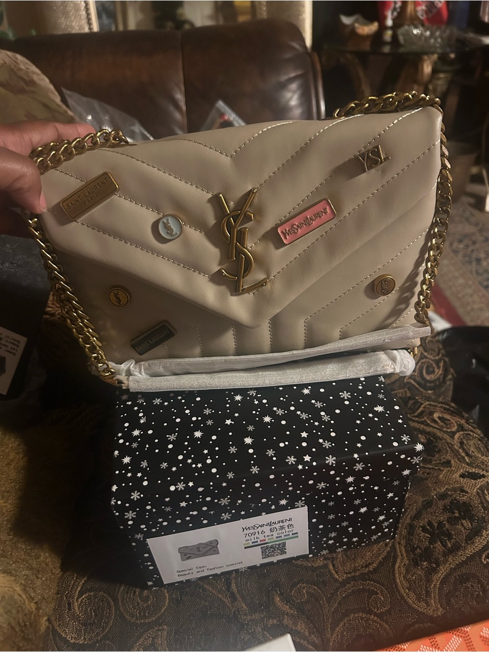 Cream Quilted Monogram Chain Shoulder Bag with Pins